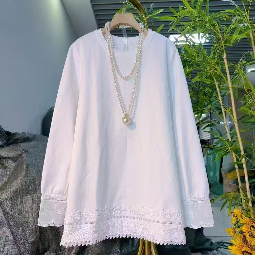 大码女装—946设计感简约蕾丝花边中长款打底衫秋冬新款百搭上衣