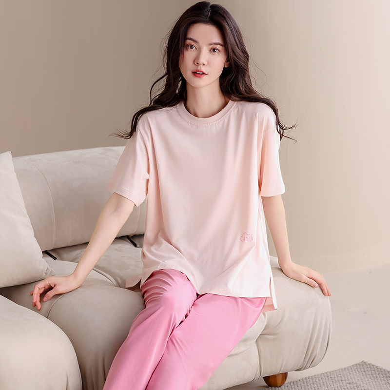【带胸垫】莉莉新款女士纯棉短袖长裤粉色纯版睡衣套装家居服可外穿