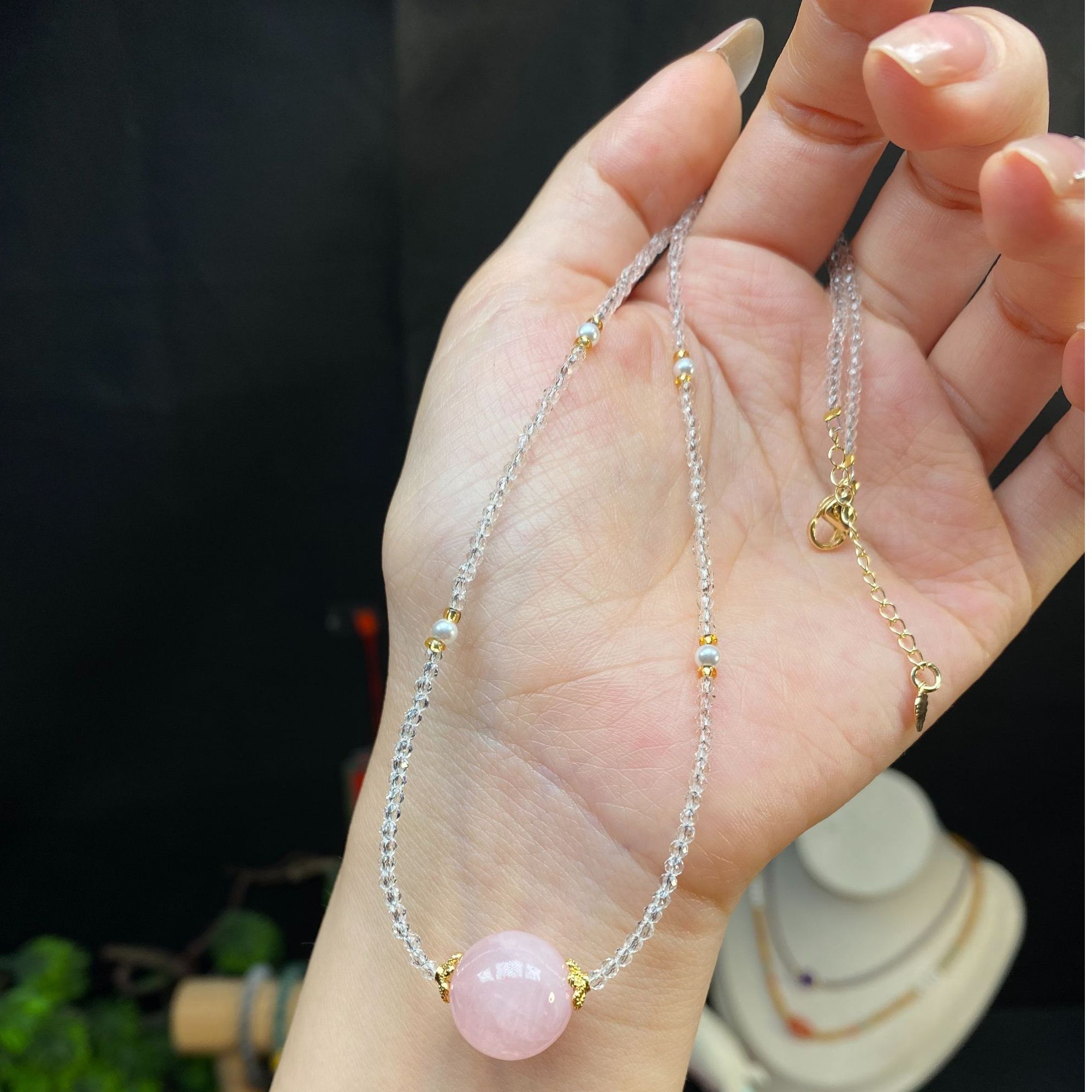 【粉晶圆珠项链】A671搭大颗粒粉水晶项链时尚气质简约简约白色