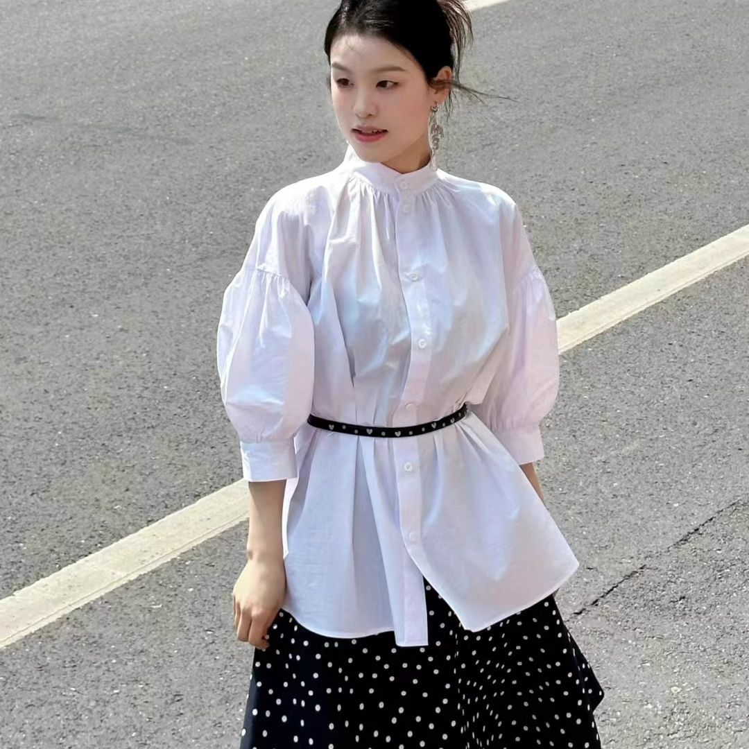 【商场同款】2025夏款立领宽松落肩七分袖衬衫女阔型白衬衣 5301060