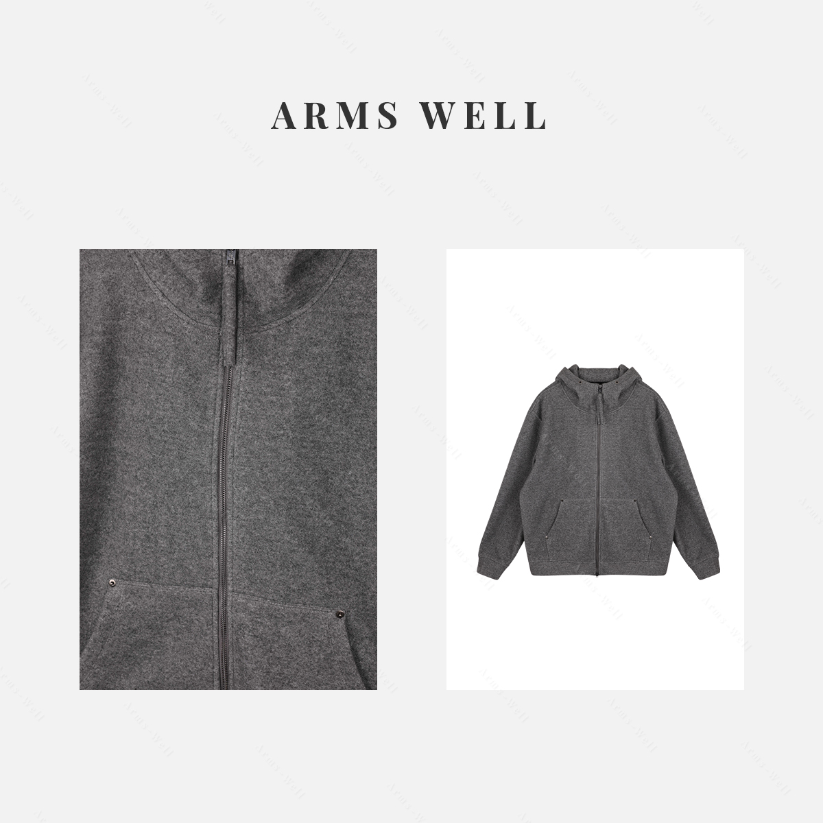 王囡囡 灰色加绒连帽拉链卫衣宽松外套（男装）L368