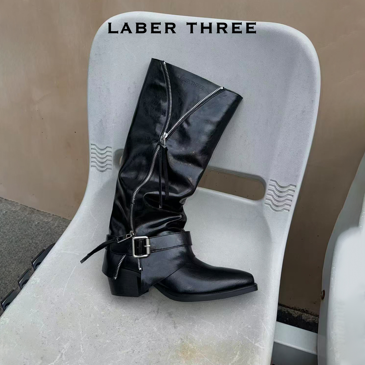 LABERTHREE流光风美拉德裤管骑士靴复古时尚都市粗跟长筒靴