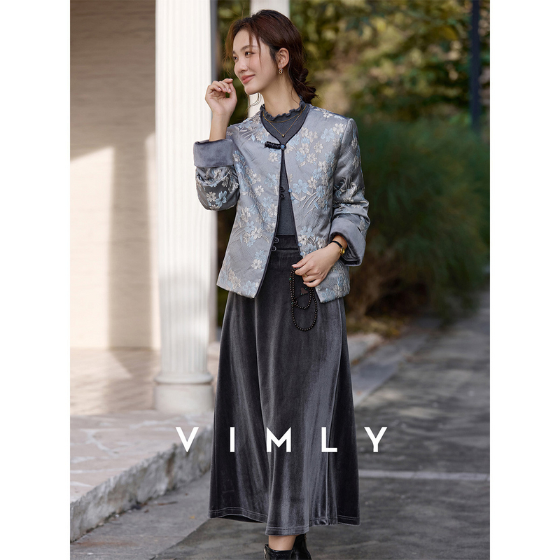 梵希蔓灰色提花国风套装女冬季棉服外套丝绒半身裙两件套A3380