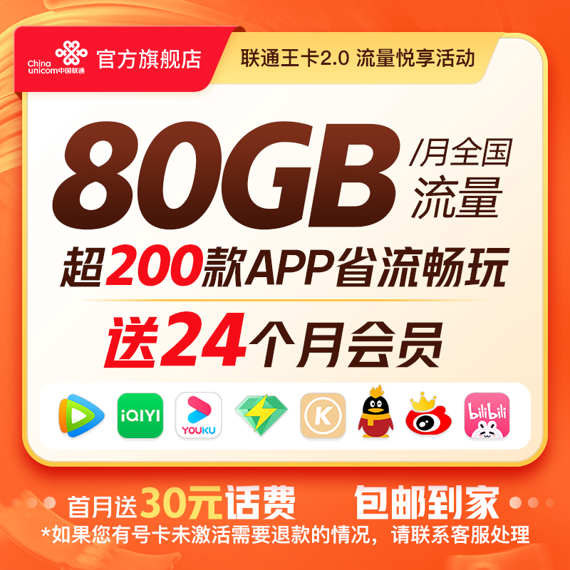 【全国可拍】王卡2.0首年送24个月会员每月80GB全国流量-XD*03*AS