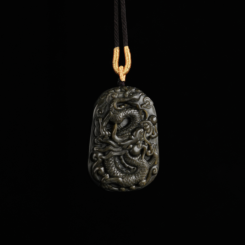 金色黑曜石龙牌吊坠精雕工艺多样性任发其一HYS248