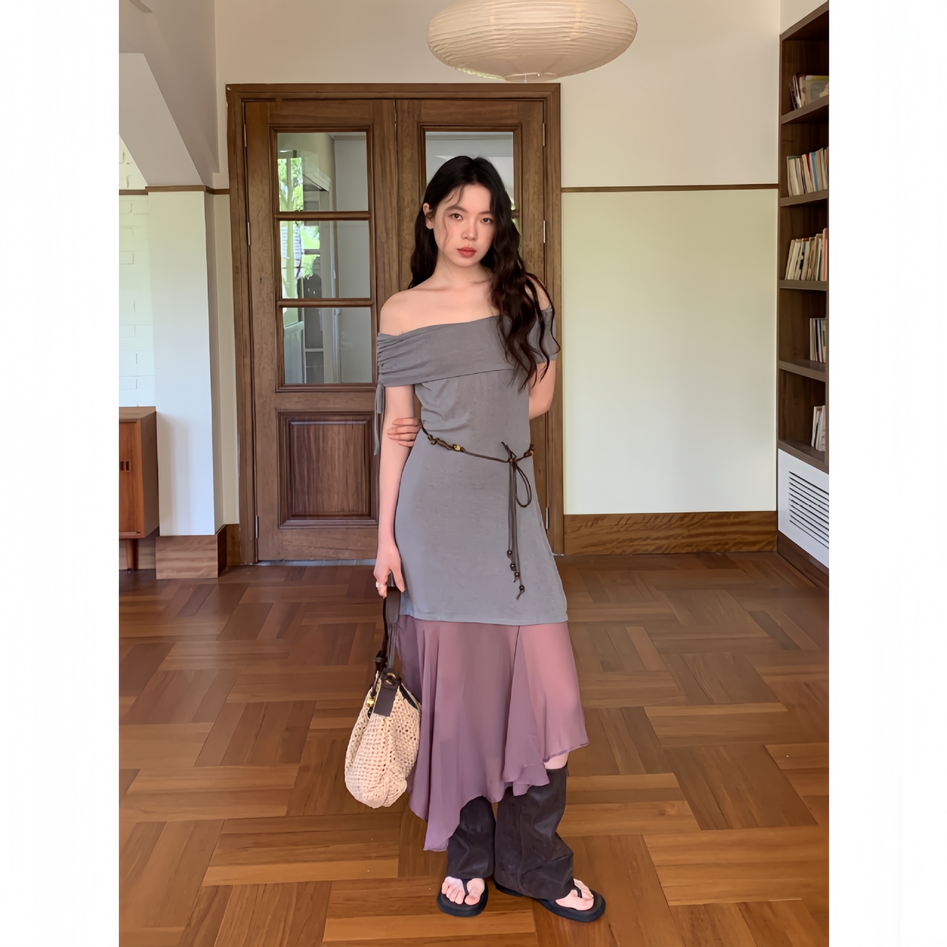 25年夏法式别致绝美不对称撞色一字肩连衣裙S5265