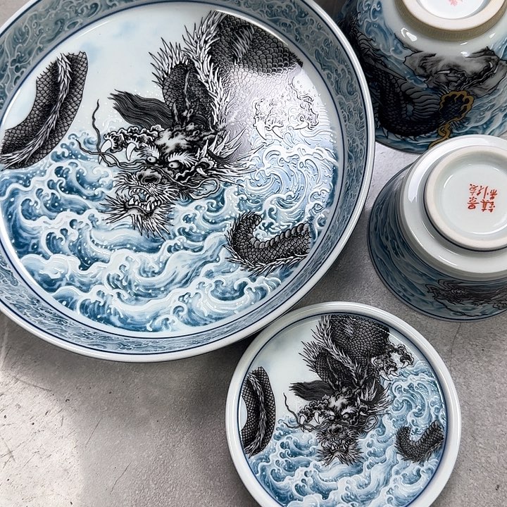 瓷片墨龙游海5件套景德镇