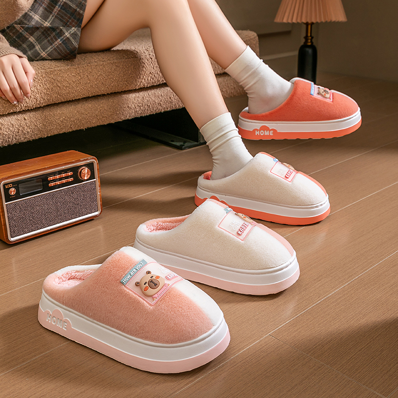 秋冬季室内家居棉拖鞋25新款家卡通保暖防滑毛毛熊头拼接款棉拖鞋