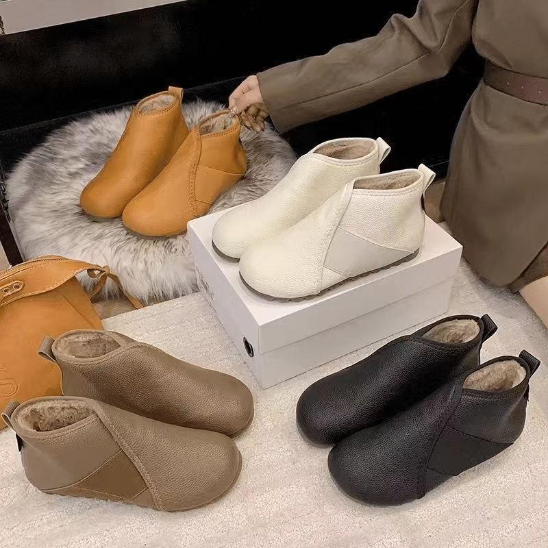2025冬季雪地靴软皮加毛一脚蹬软底厚底加绒保暖百搭轻便女棉靴