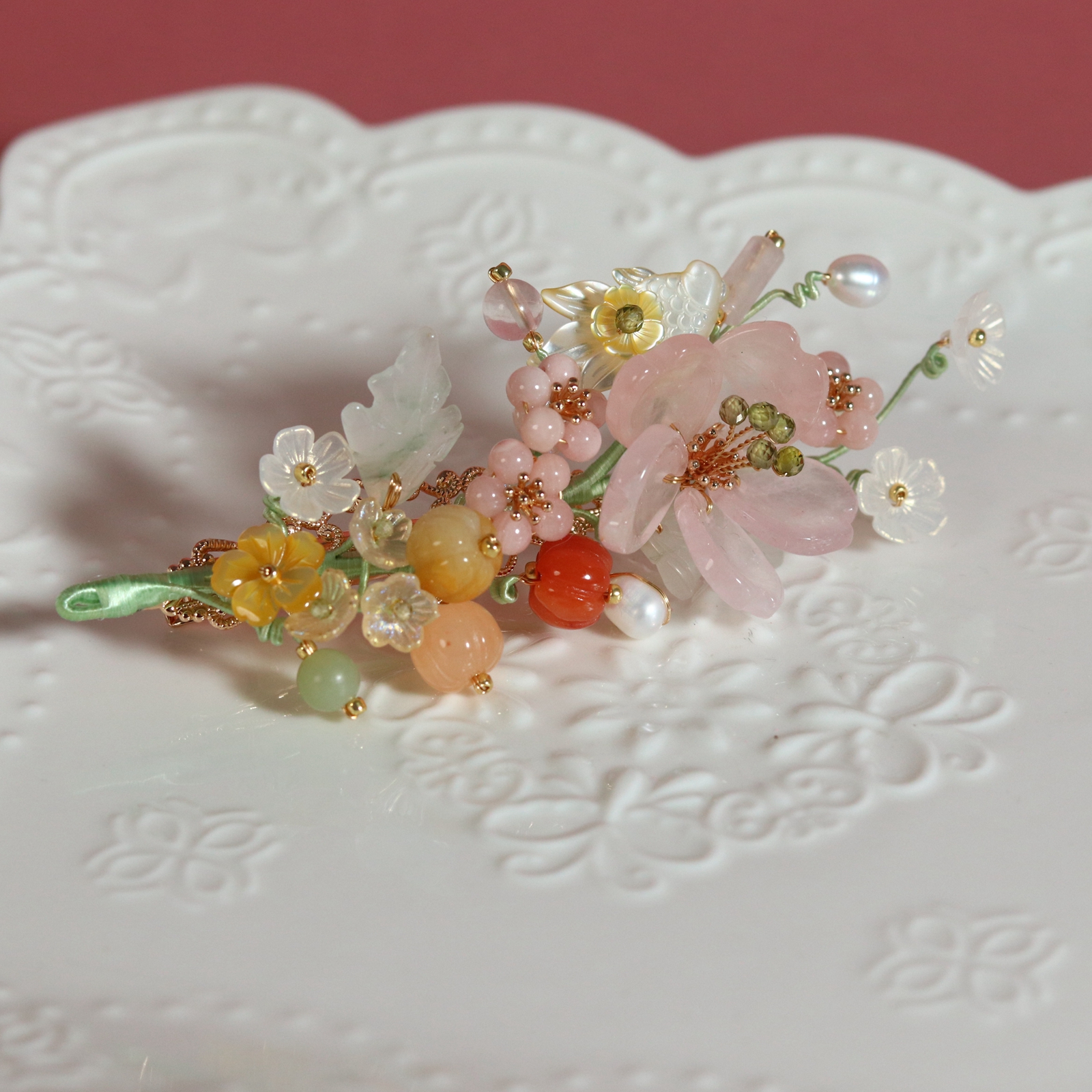 原创手工古风饰品汉服旗袍盘发百搭天然石软簪发梳发饰套装