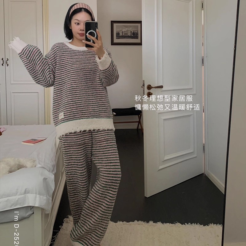 杜小宅半边绒睡衣女2025新款套装冬季波点加厚保暖女家居服可外穿