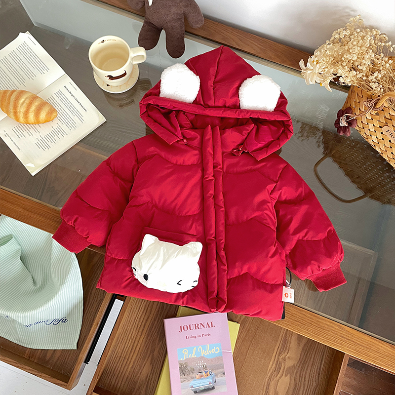【现货】DW259886冬季新款儿童羽绒服女童90白鸭绒外套连帽红色喜气