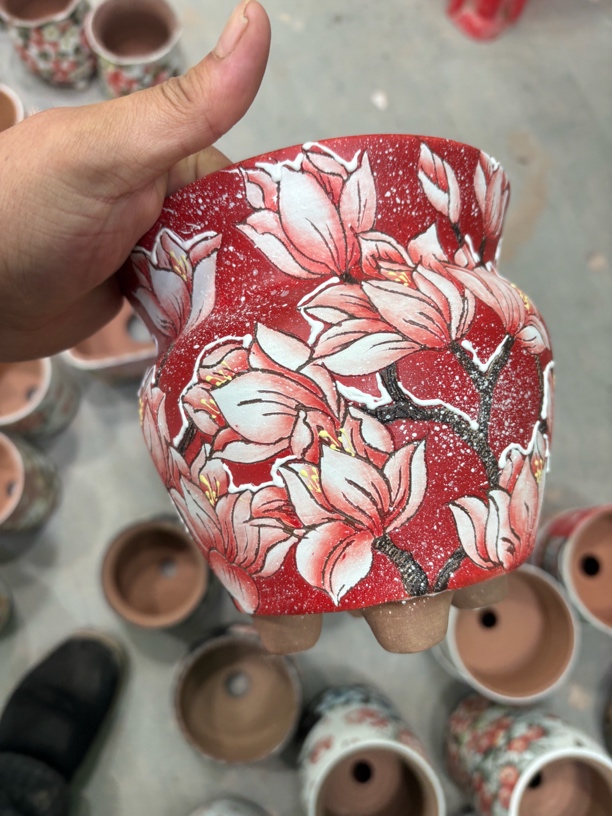 釉烧花盆，手绘花盆