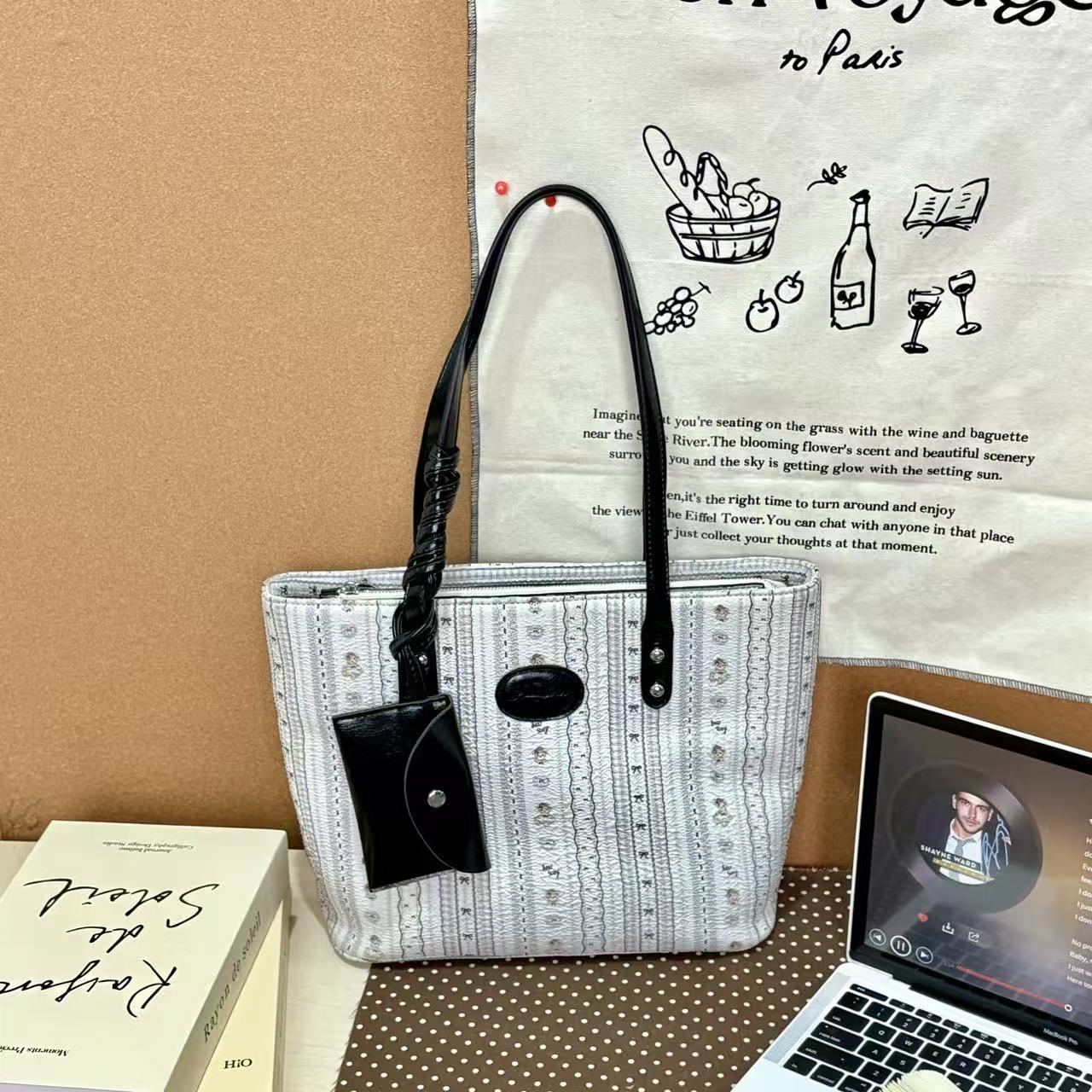 JuanJuan自制优雅黑白条纹大容量托特包c013