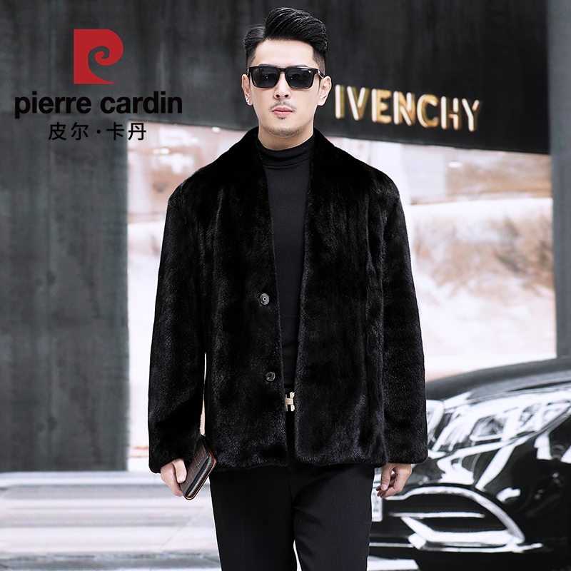 【皮尔卡丹正品一折专区】仿貂绒短毛针V领时尚外套商务男士冬皮衣