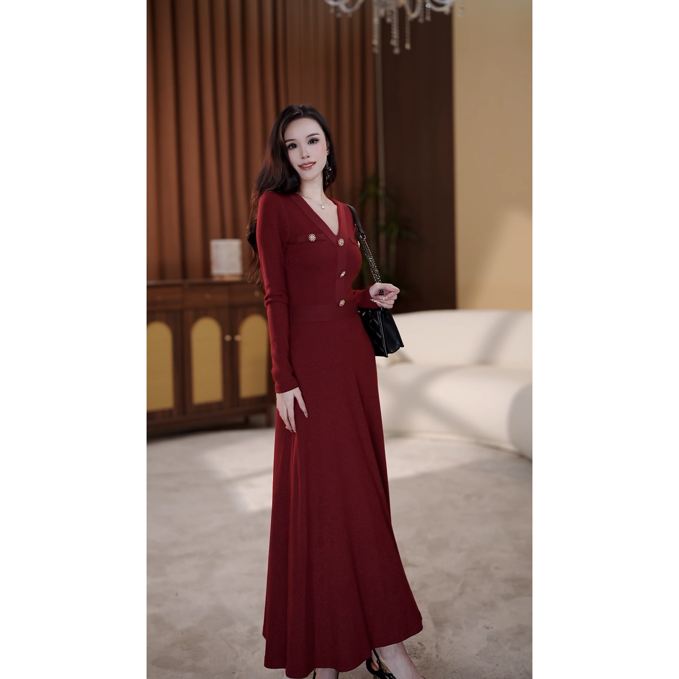 【诗音】黛丽秋冬新款高级法式气质显瘦A摆连衣裙-YL11892