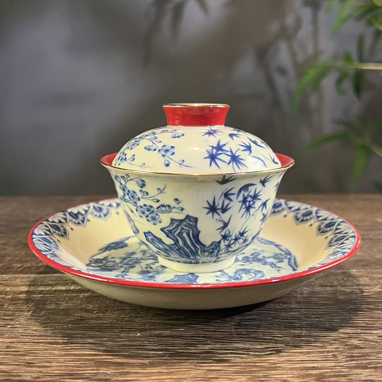 宫墙红岁寒三友元宝大三才盖碗 DC-3390