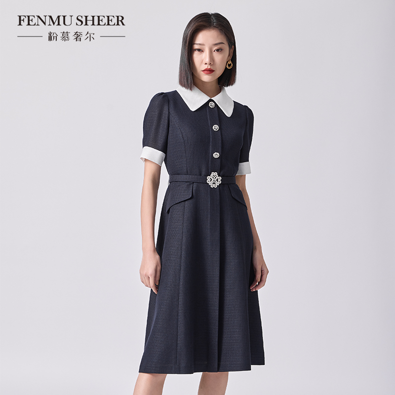 粉慕奢尔『南洋千金』小香风收腰撞色泡泡袖法式千金连衣裙-D2183