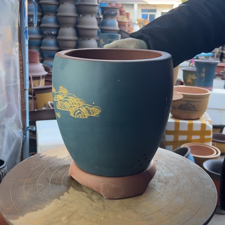 紫砂宜兴紫砂花盆花盆蓝精品龙蛋山水加拖