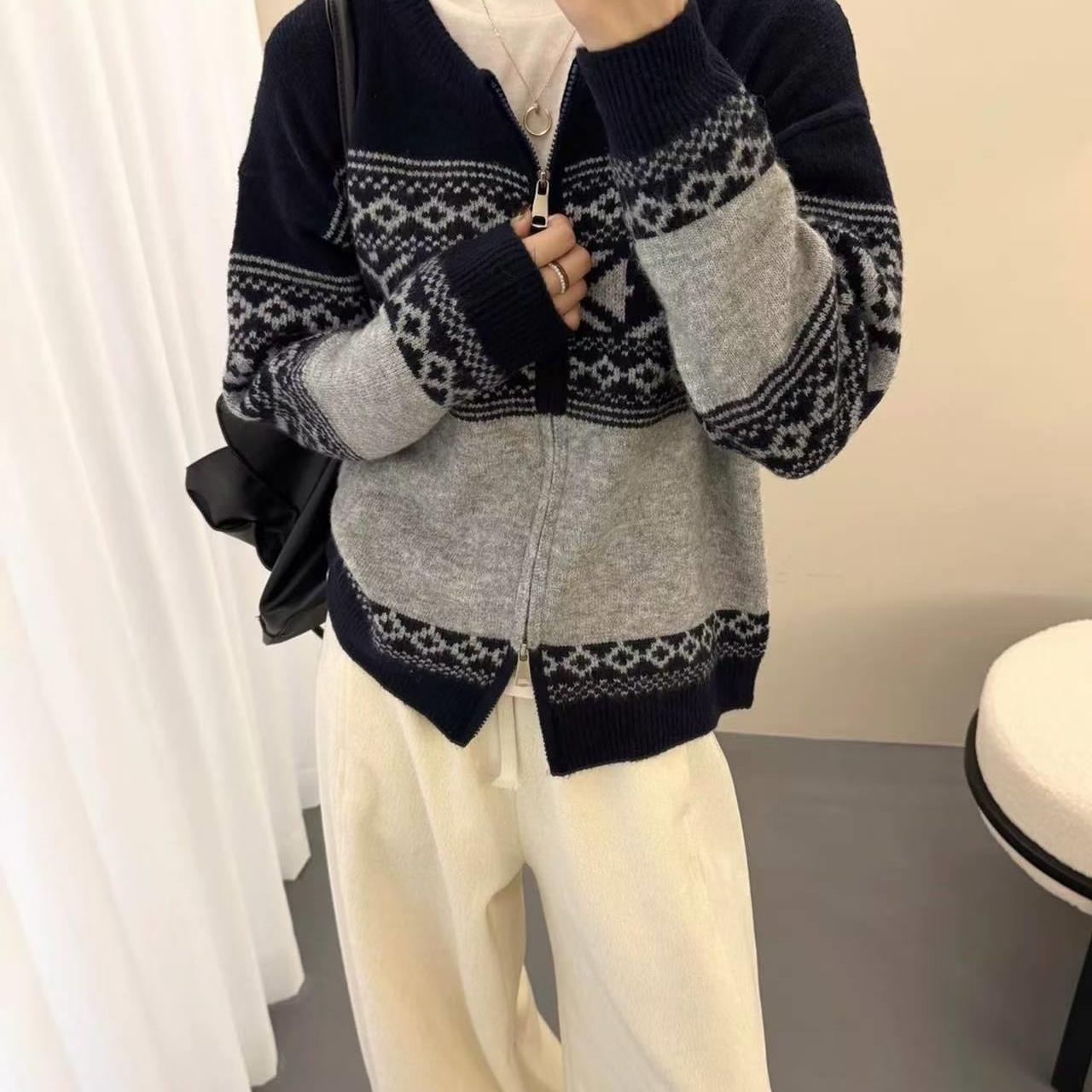 【复古费尔岛提花拉链开衫】秋冬软糯拉链百搭开衫宽松针织衫毛衣