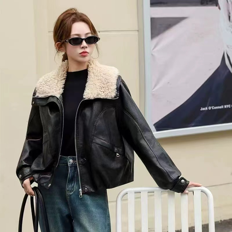 秋冬季加绒加厚毛领皮衣外套可拆卸毛领短外套时尚上衣韩版短款