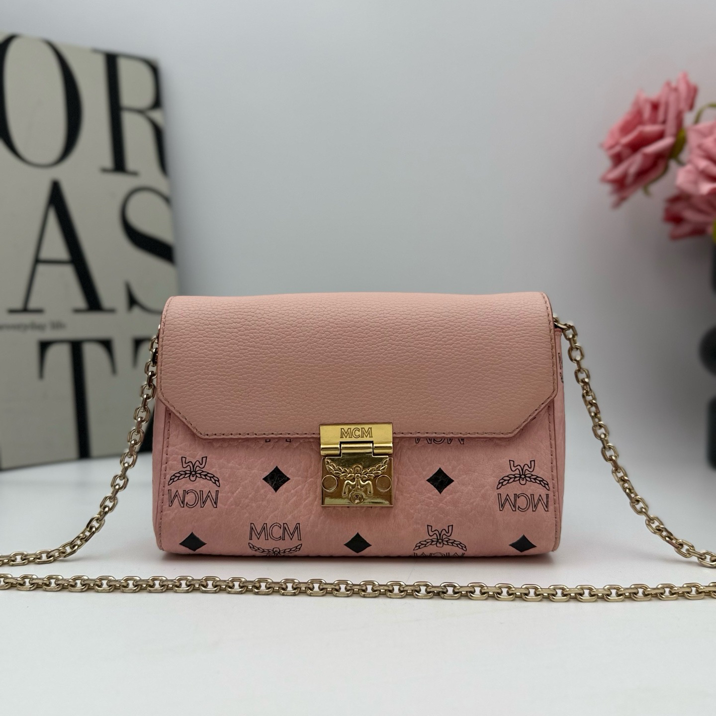 95新 MCM MCM xy 9433樱花粉链条包小号 19x12