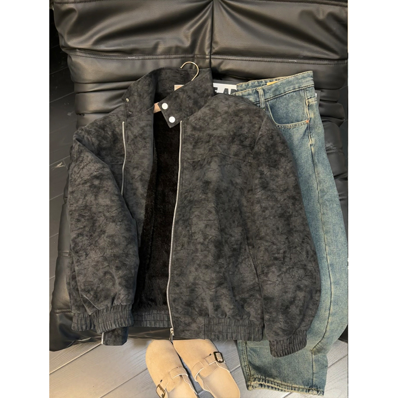 美式复古一体绒扎染夹克棉服男款秋冬加厚保暖立领高级感棉衣外套