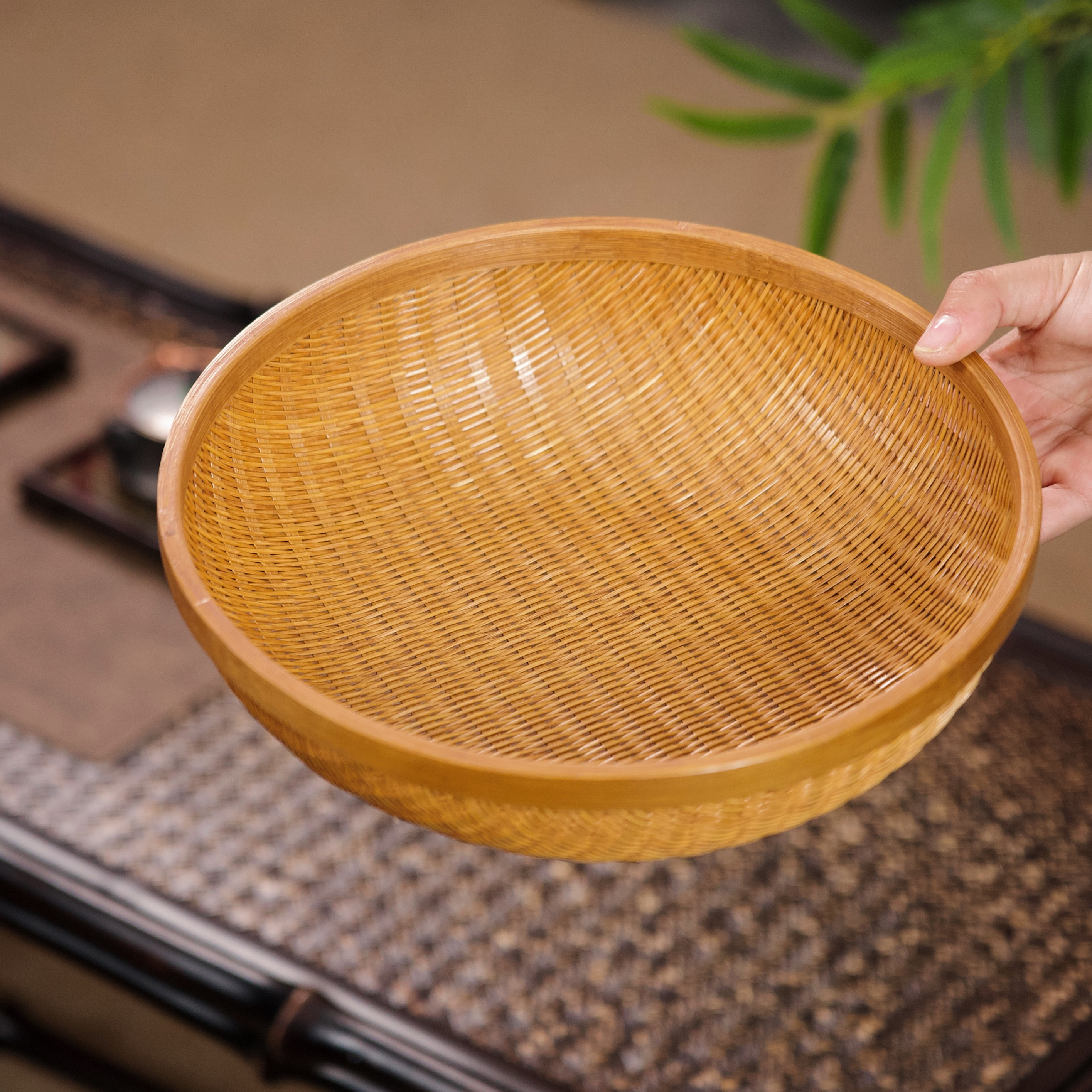 竹编深色大号篮子收纳筐托盘菜篮纯手工竹编圆形水果篮创意干果篮
