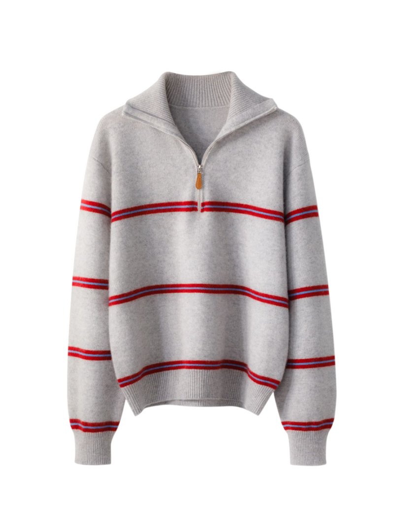 【100%山羊绒】条纹半拉链针织上衣女