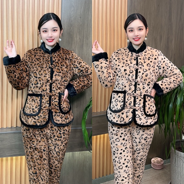 冬季加绒加厚棉衣棉裤两件套装中老年女装保暖豹纹碎花气质妈妈装