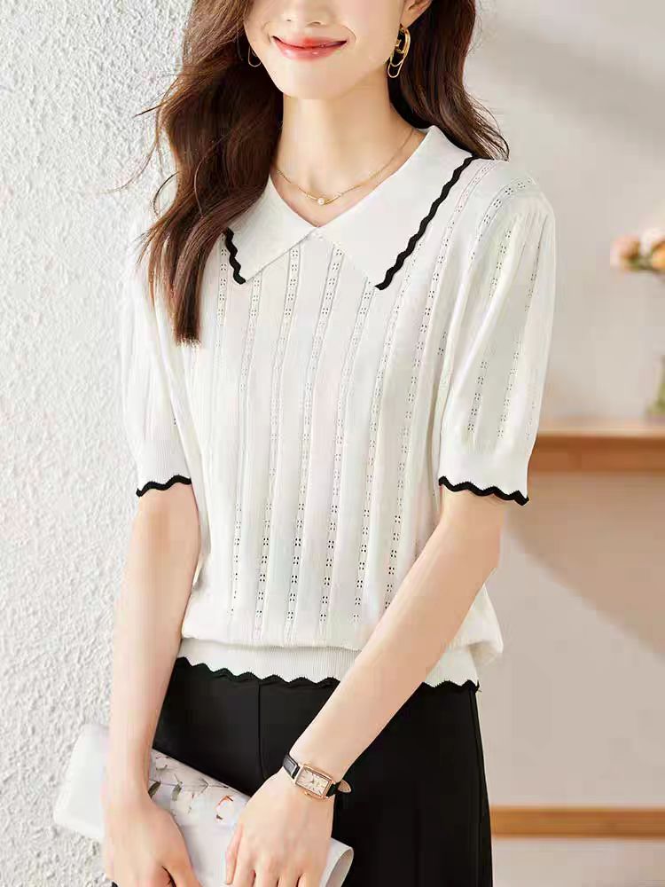 【娃娃领】短袖t恤女士夏装时尚娃娃领上衣夏季2025年新款女装针
