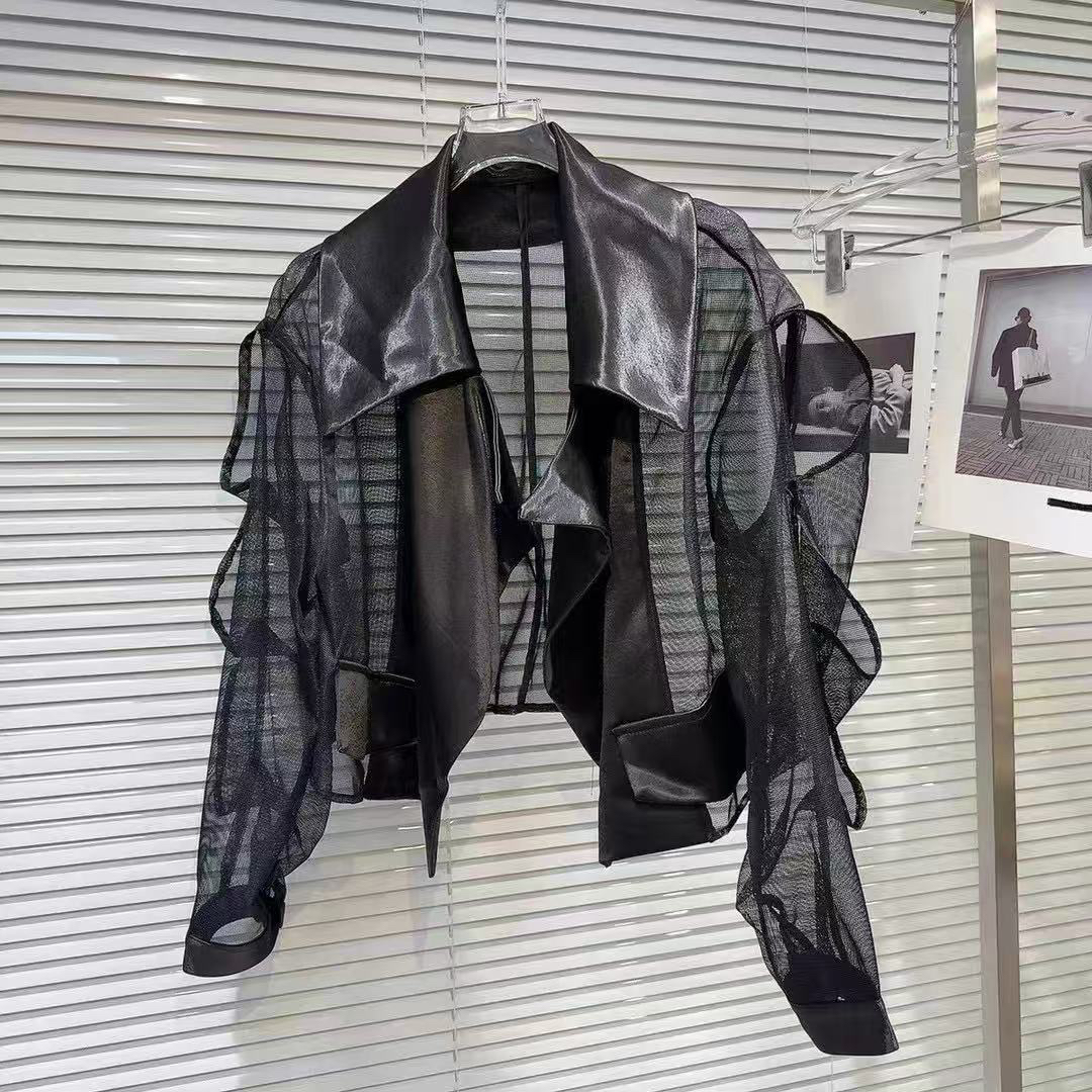 高级感小众缎面西装大翻领拼接网纱长袖防晒衫外套女夏季网红款