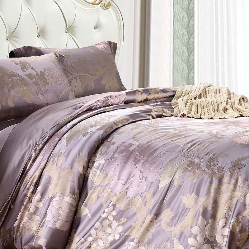 枕水人家A版26姆米色织提花100真丝四件套重磅桑蚕丝床品奢华套件