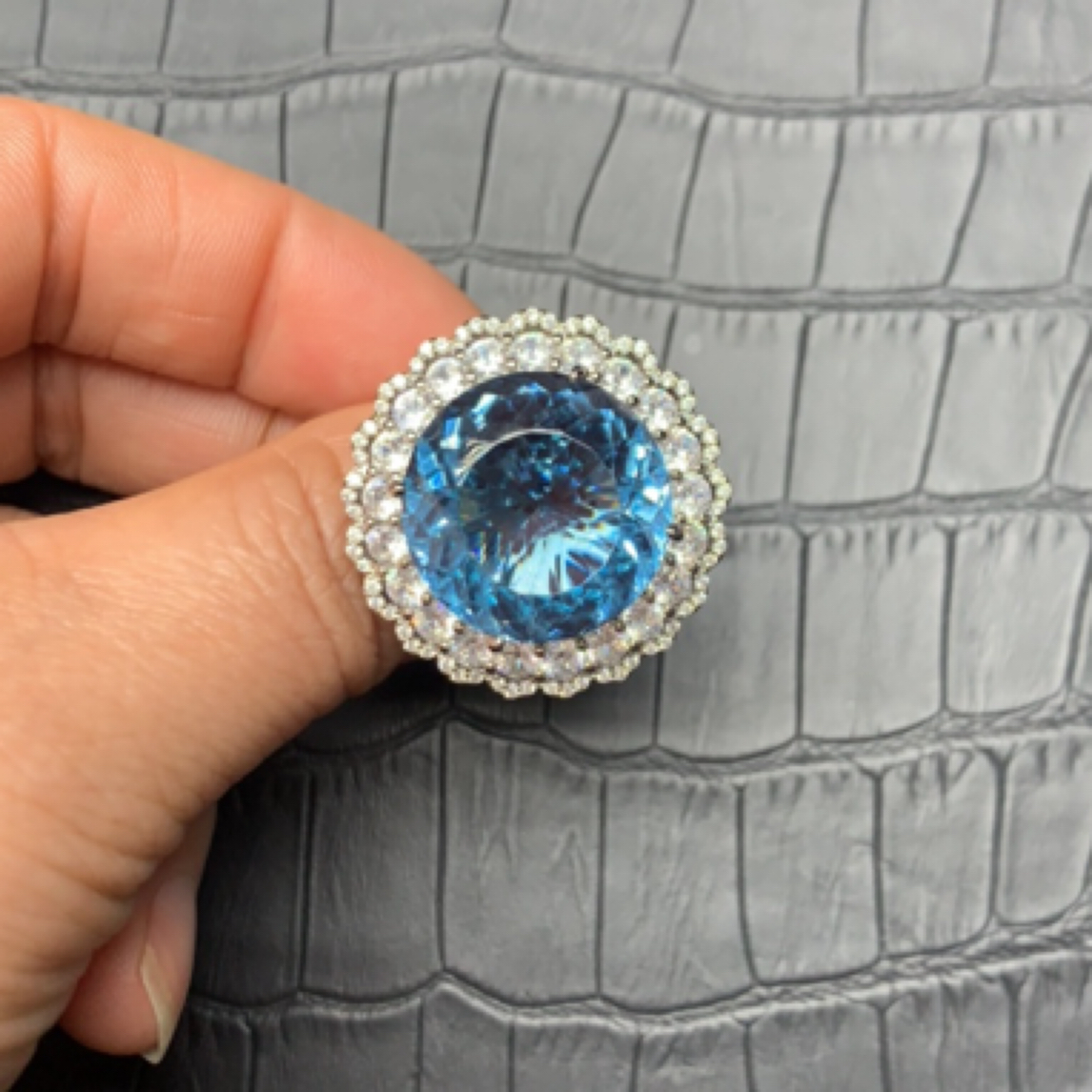 铜合金戒指 冰花切戒指银色饰品中古手工首饰时尚轻奢蓝色活口126