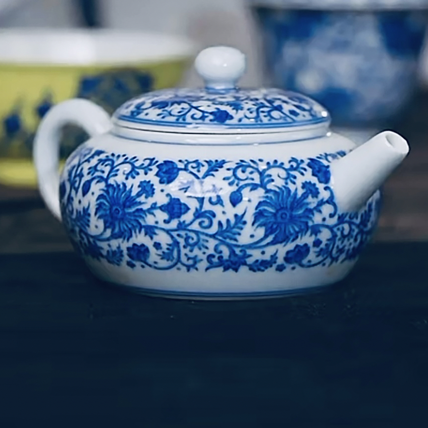 【黄老邪宝弟真选】觉山隐窑｜青花缠枝莲点工柿扁壶茶具陶瓷家用