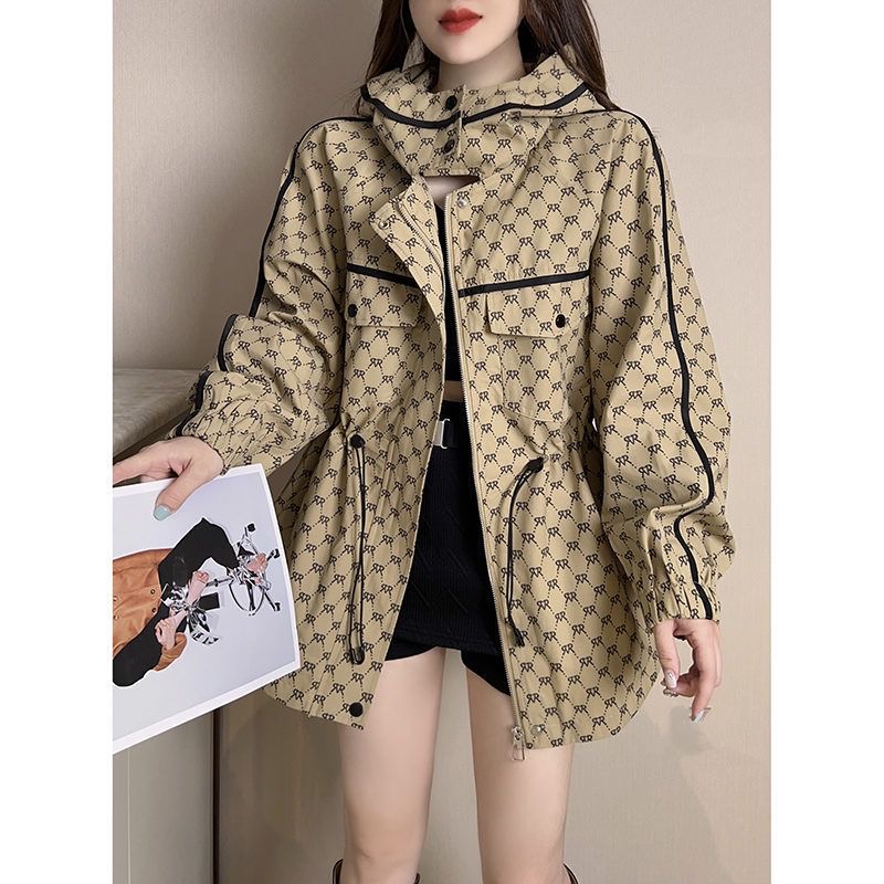 法式连帽抽绳收腰连帽冲锋衣外套女