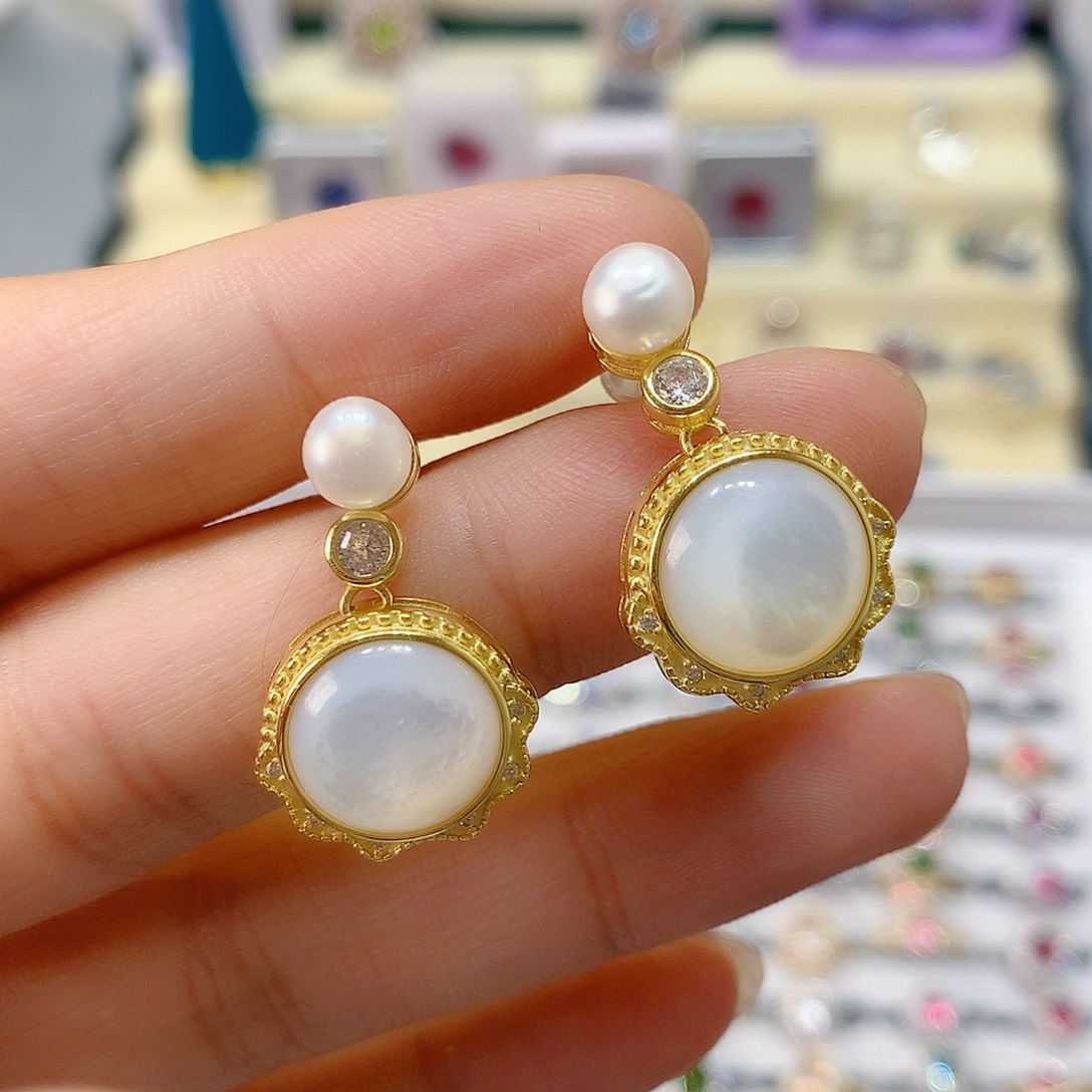 贝壳（贝母）耳钉银S925镶嵌