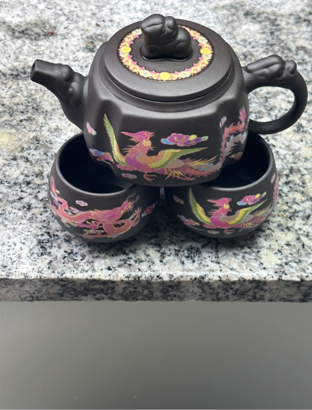 原矿紫砂四方龙凤壶一壶两杯
