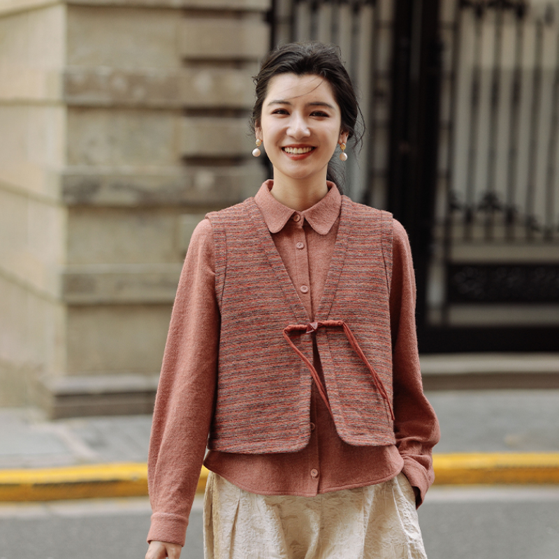 绽放719朵/宽松精致复古新中式盘扣花色V领粽子扣袢羊毛马甲春季
