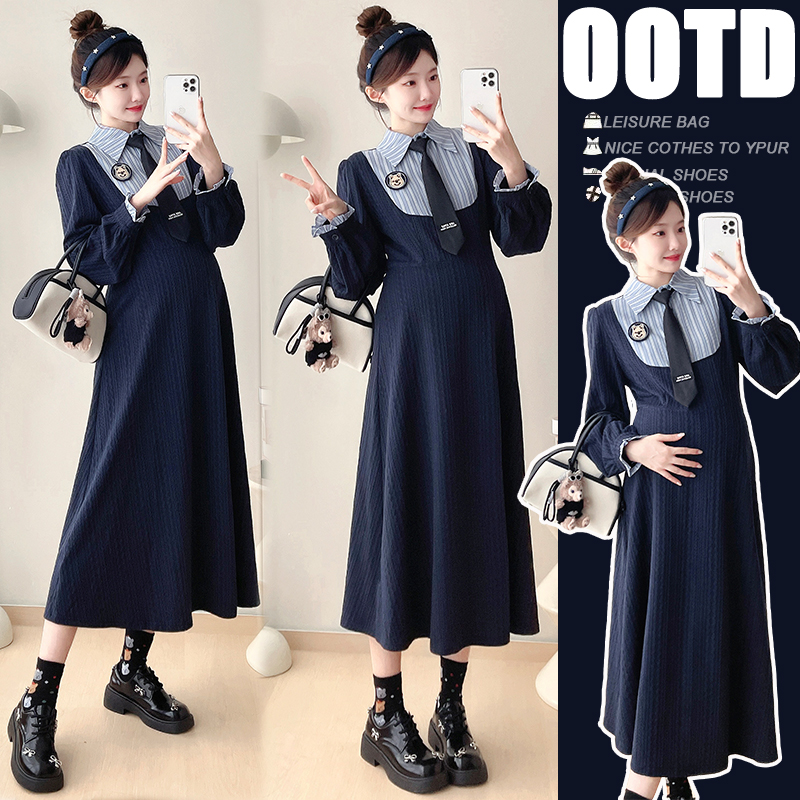 【酥酥】2025新款春季学院风高品质假两件衬衣带领带胸针连衣裙