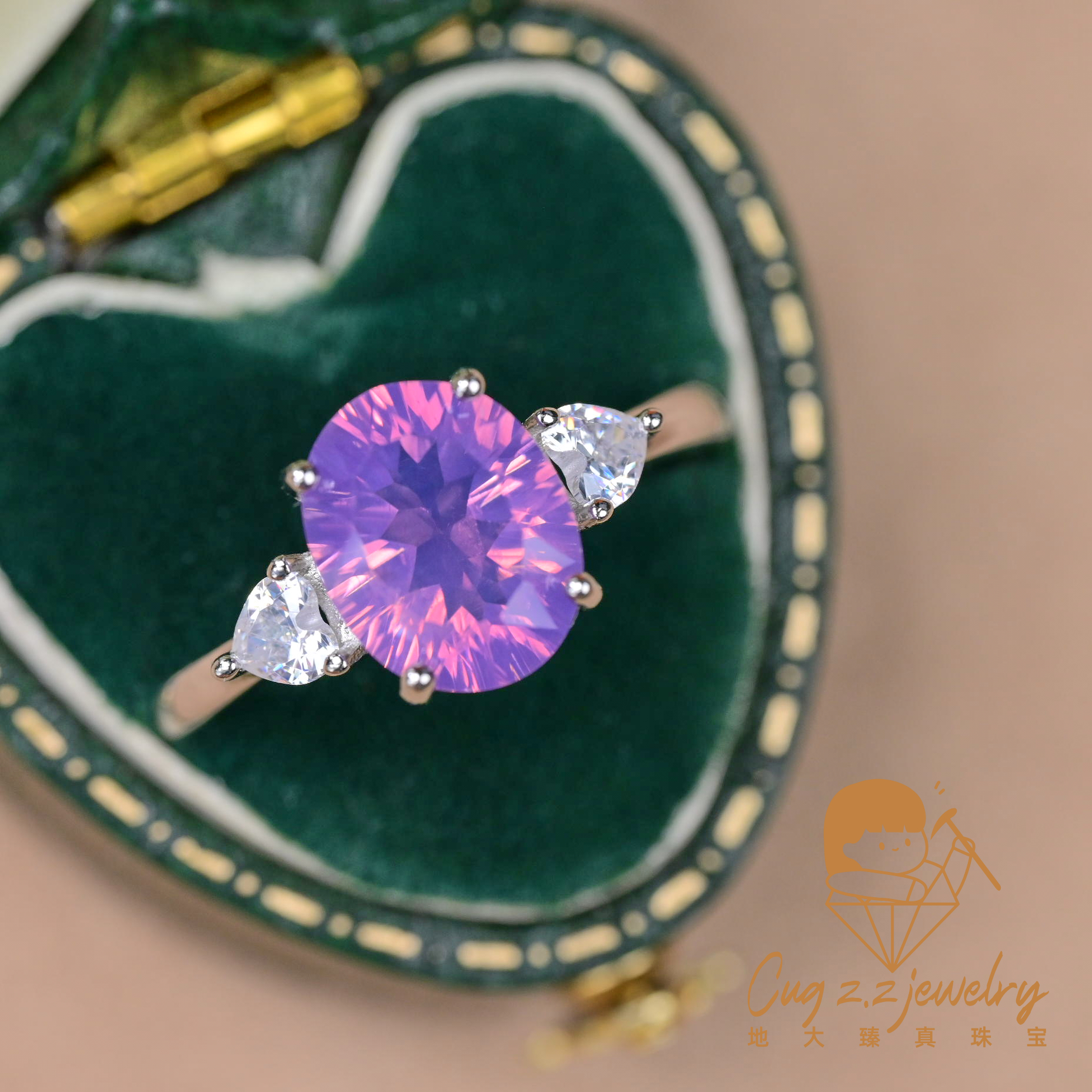 天然·薰衣草紫水晶巴西紫玉晶千禧切蛋面戒指925银