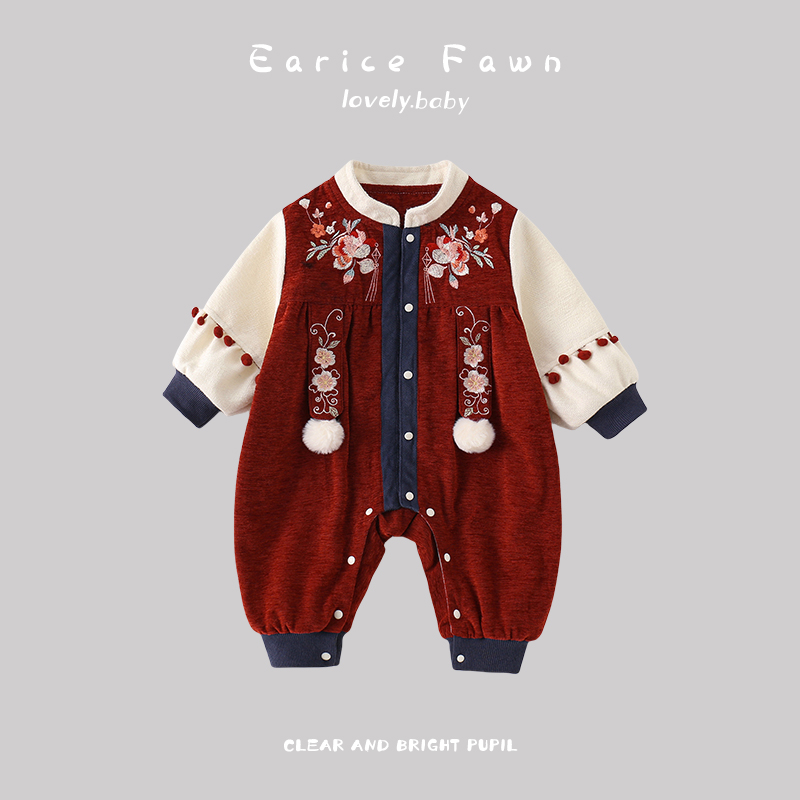 QQ婴儿衣服秋季新款男女宝宝国风连体衣可爱超萌哈衣外出长袖爬爬