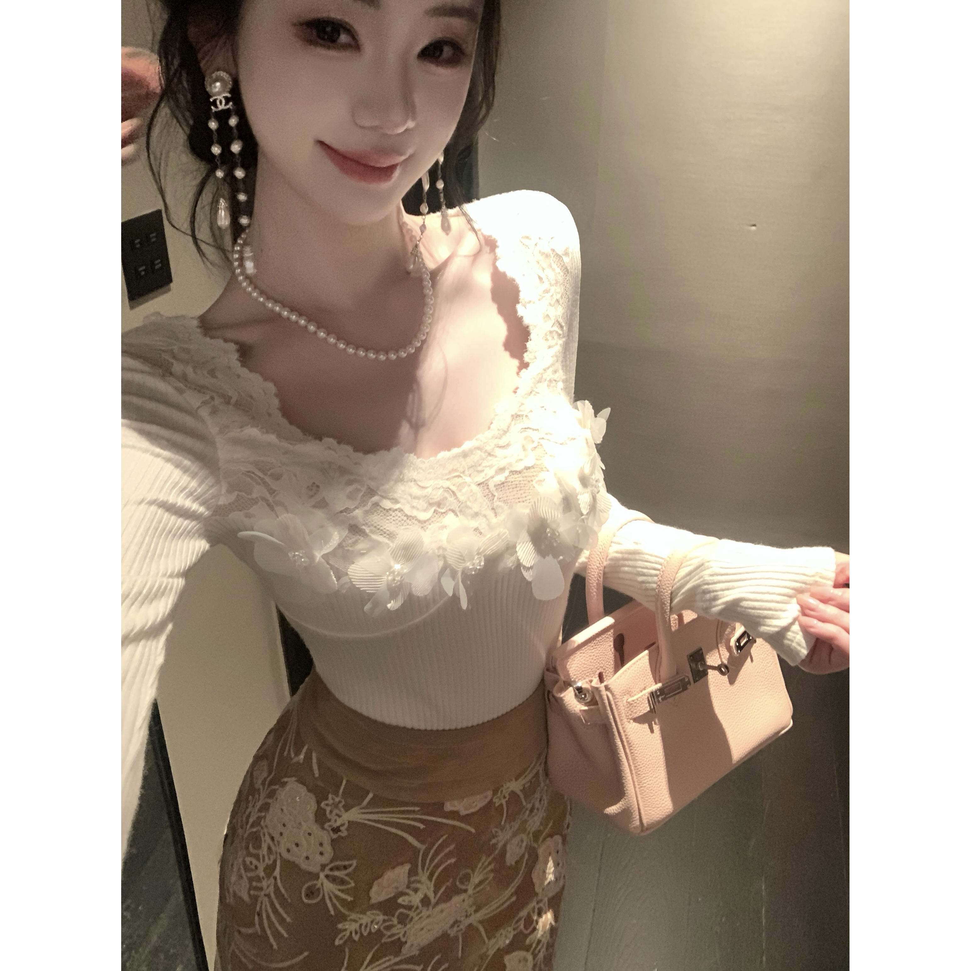 【雅乔定制】茉莉晨雾 立体花蕾丝拼接针织打底上衣DYYY-250851105