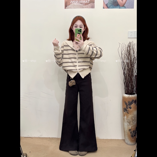 拾一【双拉链帽衫】撞色条纹开衩毛衣