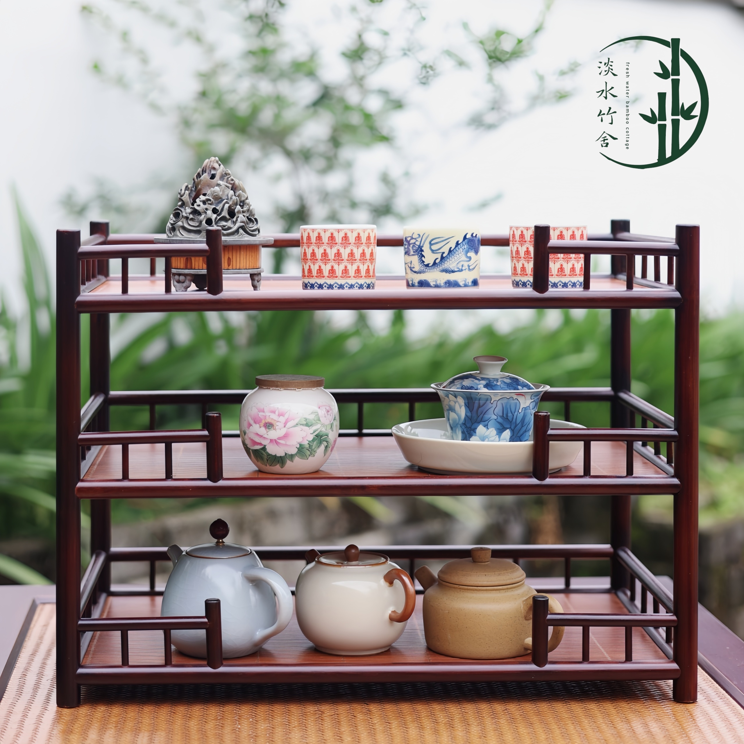 「三层琼楼」精品楠竹茶器文玩博古架收纳架置物架子茶具茶室储物架
