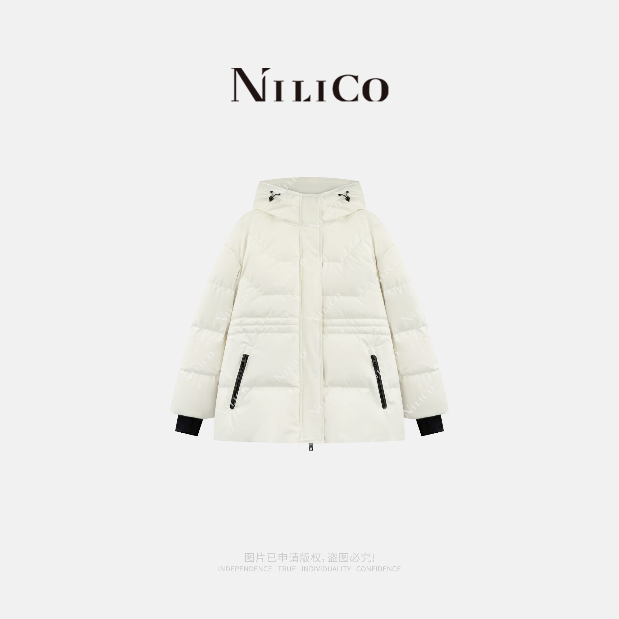 NILICO【雪绒冬日】中长款气质显瘦收腰连帽撞色点缀白鹅绒羽绒外套