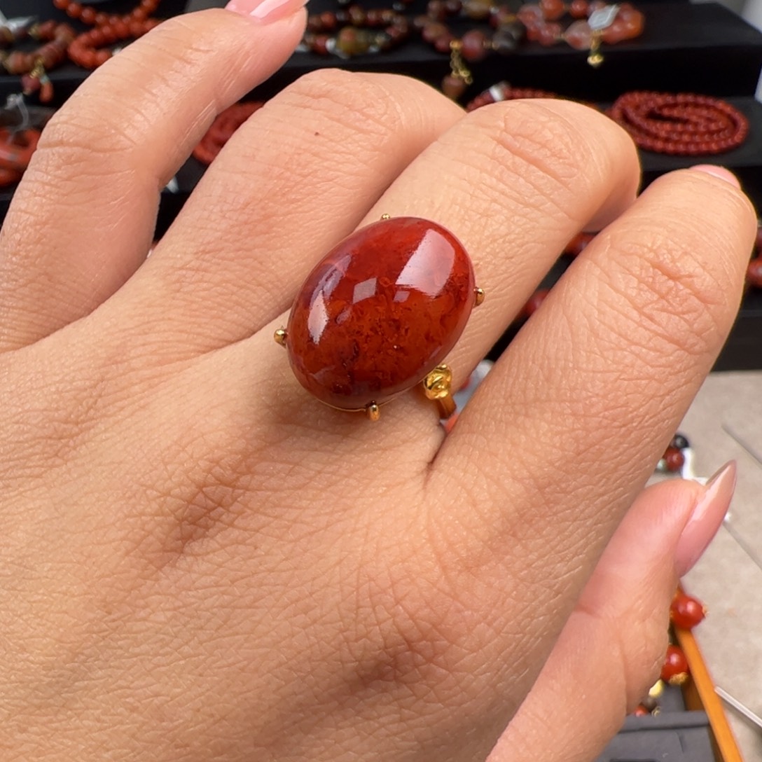 南红玛瑙银S925镶嵌（牛血火焰戒指18*12mm