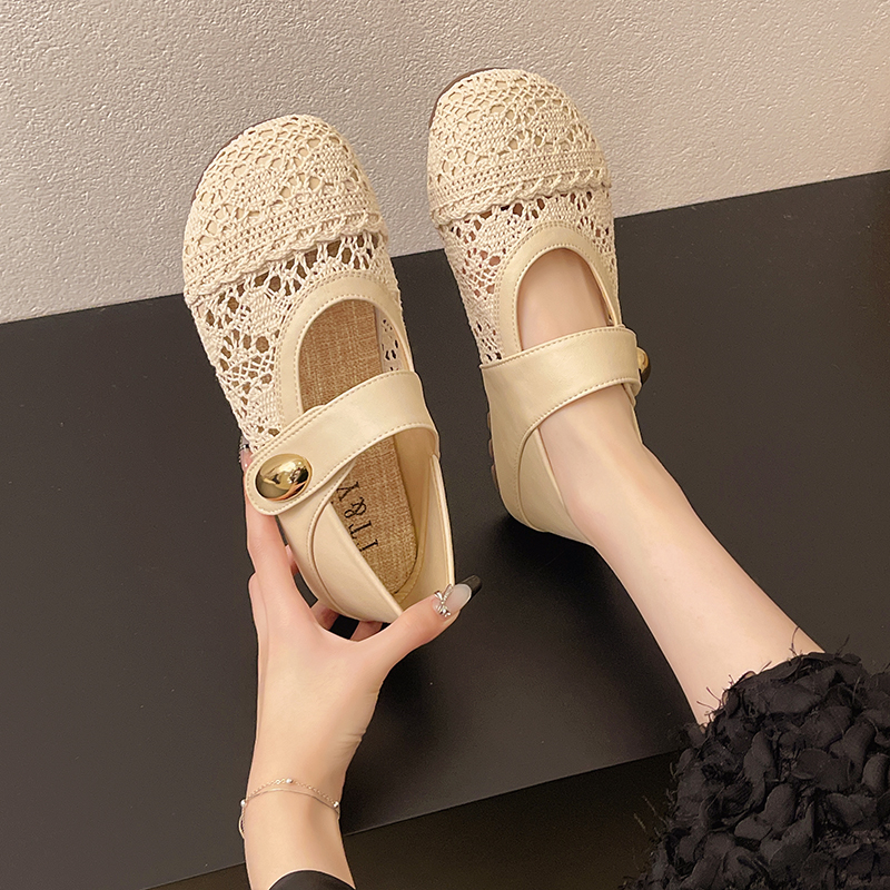 平底镂空编织单鞋女夏外穿2025新款一脚蹬魔术贴配裙子玛丽珍鞋子
