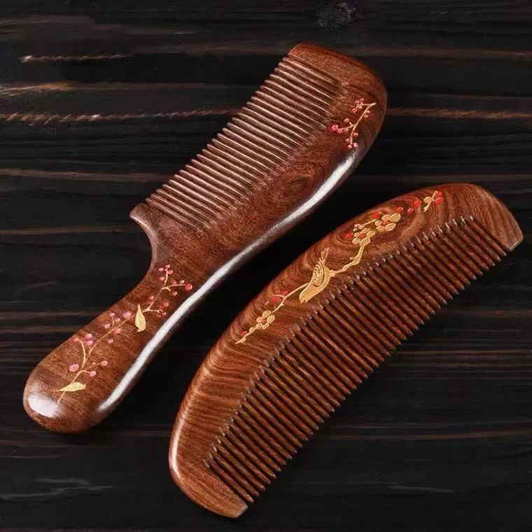 黑金檀木梳子彩绘红豆相思鸟梳子婚庆木梳整木加厚顺发梳节日礼