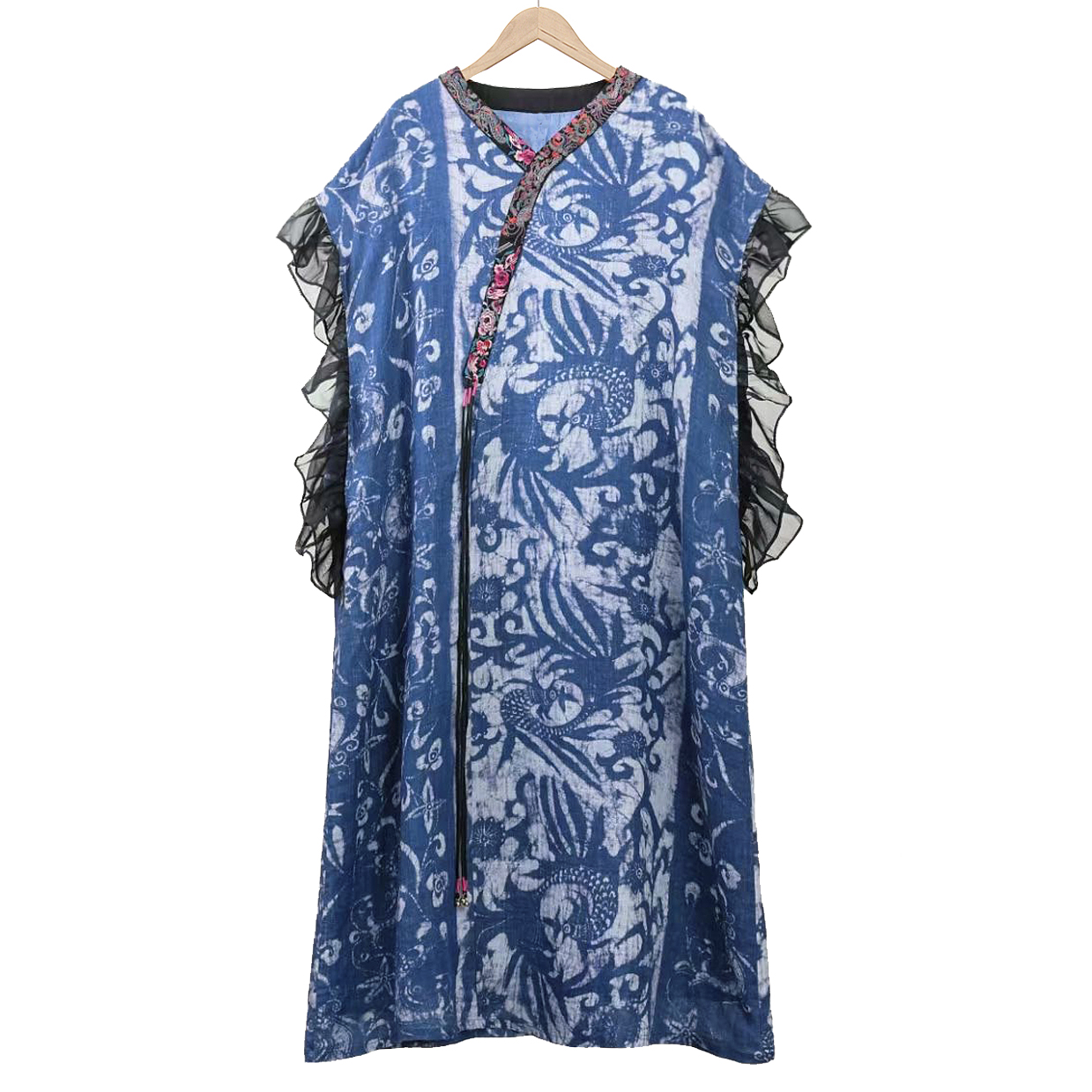 设计师原创刺绣文艺汉风民族风蓝染荷叶边袖苎麻宽松连衣裙袍子夏